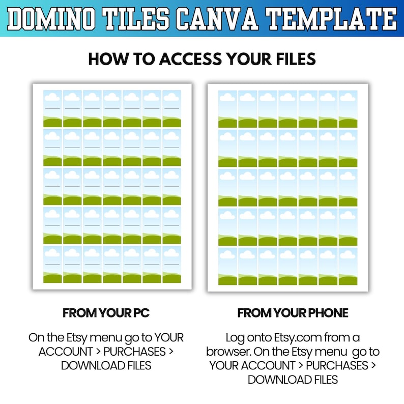 Puede incluir: Una plantilla digital titulada "DOMINO TILES CANVA TEMPLATE" con instrucciones sobre c&oacute;mo acceder a los archivos. La imagen muestra dos rect&aacute;ngulos blancos con una cuadr&iacute;cula de im&aacute;genes de paisajes. Detalles de texto sobre el acceso a archivos desde una PC y un tel&eacute;fono.