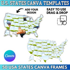 May include: A graphic featuring two maps of the United States with each state outlined as a frame. The text "U.S. STATES CANVA TEMPLATES" and "50 USA STATES CANVA FRAMES" are displayed. The Canva logo is also visible.