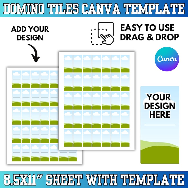 Puede incluir: Una plantilla de Canva para fichas de domin&oacute;. El dise&ntilde;o incluye m&uacute;ltiples espacios rectangulares con un fondo de cielo y hierba, listos para personalizar. El texto incluye "Add Your Design", "Easy to Use Drag & Drop" y "Your Design Here". La hoja mide 21,6 x 27,9 cm.