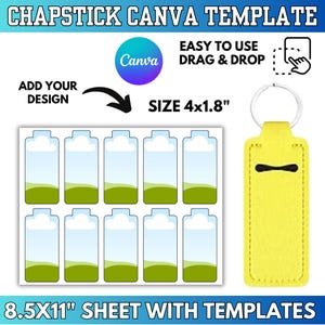 May include: A sheet of chapstick Canva templates with a size of 4x1.8 inches. The sheet includes 12 templates with a blue sky and green landscape design. A yellow chapstick holder with a black accent is also shown.