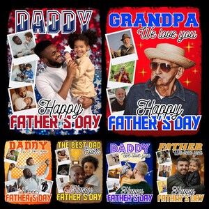 Peut inclure: Plusieurs mod&egrave;les pour la f&ecirc;te des p&egrave;res avec des photos et du texte. Les mod&egrave;les incluent les mots "Daddy", "Grandpa" et "Father", ainsi que l'expression "Happy Father's Day". Chaque mod&egrave;le a une palette de couleurs et une disposition de photos diff&eacute;rentes.