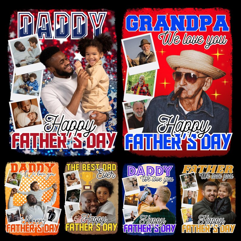 Peut inclure: Plusieurs mod&egrave;les pour la f&ecirc;te des p&egrave;res avec des photos et du texte. Les mod&egrave;les incluent les mots "Daddy", "Grandpa" et "Father", ainsi que l'expression "Happy Father's Day". Chaque mod&egrave;le a une palette de couleurs et une disposition de photos diff&eacute;rentes.