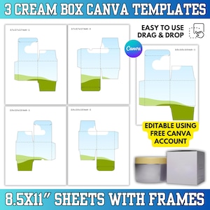Puede incluir: Plantillas Canva para cajas de crema con dimensiones de 6,86x6,86x6,86 cm, 6,35x6,35x6,35 cm y 8,89x8,89x8,89 cm. Las plantillas son fáciles de usar con la función de arrastrar y soltar y se pueden editar con una cuenta gratuita de Canva. La imagen también muestra un tarro de crema y una caja blanca.