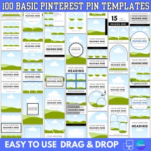 May include: A graphic featuring 100 Pinterest pin templates with various designs. Each template includes placeholders for headings and subheadings, with a landscape and sky background. The text "EASY TO USE DRAG & DROP" is at the bottom.