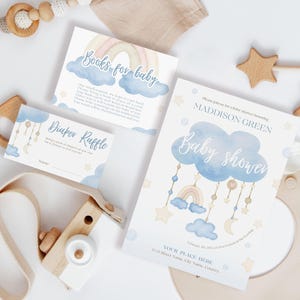 Bearbeitbares Wolke Regenbogen-Babyparty-Einladungspaket, Pastellregenbogen-Mond-Babyparty-Einladungssatz, blaue Wolke neun Einladungssatz, bedruckbar