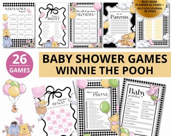 Winnie the Pooh Baby Shower Game Bundle: Winnie Balloon Printable 26 Games, Bingo (Digital Download)