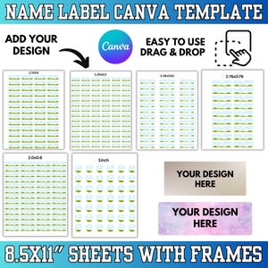 Puede incluir: Una plantilla de Canva para etiquetas de nombre con el texto "NAME LABEL CANVA TEMPLATE". El diseño incluye varios tamaños de etiquetas, incluyendo 1,7x0,6 pulgadas, 1,20x0,5 pulgadas, 2,36x0,63 pulgadas, 2,76x0,79 pulgadas, 2,0x0,6 pulgadas y etiquetas de 1 pulgada. También se incluye el texto "ADD YOUR DESIGN".