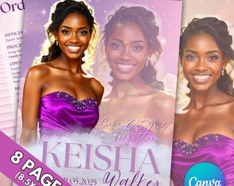 May include: A purple and white memorial program with a photo of a woman in a strapless purple dress. The program includes the text "Keisha Walker" and "Gone But Not Forgotten". The program is 8.5 x 11 inches and has 8 pages.