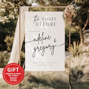 Letrero de bienvenida "La Noche Antes", Letrero minimalista de bienvenida para la cena de ensayo de boda, Decoraciones de boda, Fácil de editar en Canva.