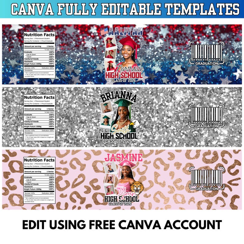 Graduation Water Bottle Label Canva Template, Grad 2026 Editable Labels ...