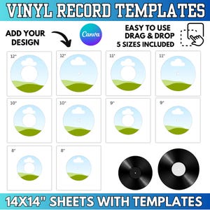 Puede incluir: Gráfico con plantillas de discos de vinilo en varios tamaños: 12", 11", 10", 9" y 8". El texto incluye "VINYL RECORD TEMPLATES", "ADD YOUR DESIGN" y "EASY TO USE DRAG & DROP 5 SIZES INCLUDED". Las plantillas están en hojas de 35,56 cm x 35,56 cm.