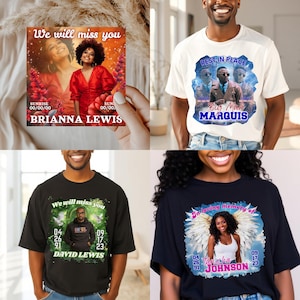 Puede incluir: Una colecci&oacute;n de camisetas conmemorativas y una tarjeta. Las camisetas son en blanco y negro, con im&aacute;genes de personas con textos como "Descansa en paz", "Te echaremos de menos" y nombres. La tarjeta tiene una foto de una mujer y el texto "Te echaremos de menos".