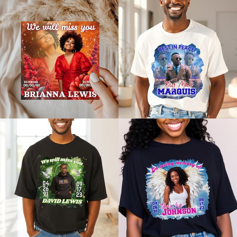 Puede incluir: Una colecci&oacute;n de camisetas conmemorativas y una tarjeta. Las camisetas son en blanco y negro, con im&aacute;genes de personas con textos como "Descansa en paz", "Te echaremos de menos" y nombres. La tarjeta tiene una foto de una mujer y el texto "Te echaremos de menos".