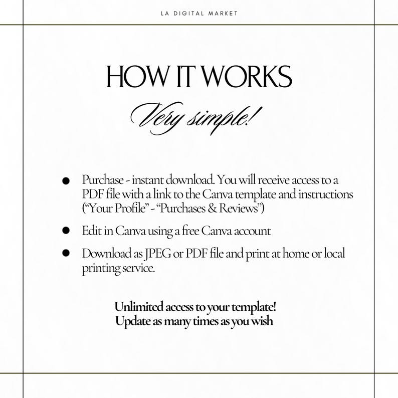 Peut inclure: Graphique blanc avec le texte "HOW IT WORKS" et "Very simple!" en polices &eacute;l&eacute;gantes. Des puces d&eacute;taillent le processus : t&eacute;l&eacute;chargement instantan&eacute;, modification dans Canva et t&eacute;l&eacute;chargement en JPEG ou PDF. Le texte mentionne &eacute;galement un acc&egrave;s illimit&eacute; au mod&egrave;le.
