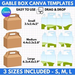 May include: Brown gable box Canva templates in three sizes: small (3.1x2.4x2 inches), medium (4.4x3.3x2.8 inches), and large (6.2x4.6x3.9 inches). The design includes the Canva logo and instructions to drag and drop. The text says "Easy to Use".