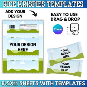 May include: A graphic design template for Rice Krispies treats. The design includes a sheet with cut lines and two mock-up treat wrappers. Text includes "Add Your Design", "Easy to Use Drag & Drop", and "8.5x11 Sheets with Templates".