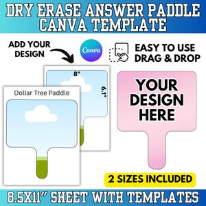 Può includere: Modello digitale per lavagne a risposta cancellabili a secco. L'immagine mostra una lavagna rosa con la scritta "YOUR DESIGN HERE", e altre due lavagne con un design cielo e nuvole. Il modello include due dimensioni ed è progettato per Canva.