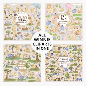 All Winnie The Pooh Cliparts In One PNG, Classic Winnie the Pooh and Friends Png Clipart, Birthday Winnie The Pooh Digital Bundle Winnie PNG