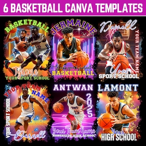 May include: Six basketball Canva templates featuring players with basketballs. Each template includes text such as "Basketball," "Your Sport School," and "Your Team Name." The templates have a vibrant, colorful design with a sports theme.