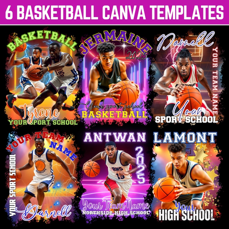 May include: Six basketball Canva templates featuring players with basketballs. Each template includes text such as "Basketball," "Your Sport School," and "Your Team Name." The templates have a vibrant, colorful design with a sports theme.