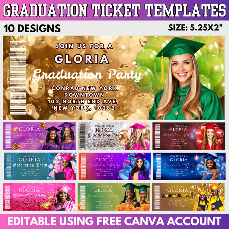 Professional Grad Tickets Graduation Party Ticket Template Bundle: Editable Canva Grad Ticket ...