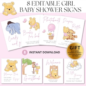 Klassisches Winnie The Pooh Mädchen Baby Shower Schilder Dekorationen, It's A Girl Sign Template Bundle, Vintage Pooh Spiel Gästebuch Windel Verlosung