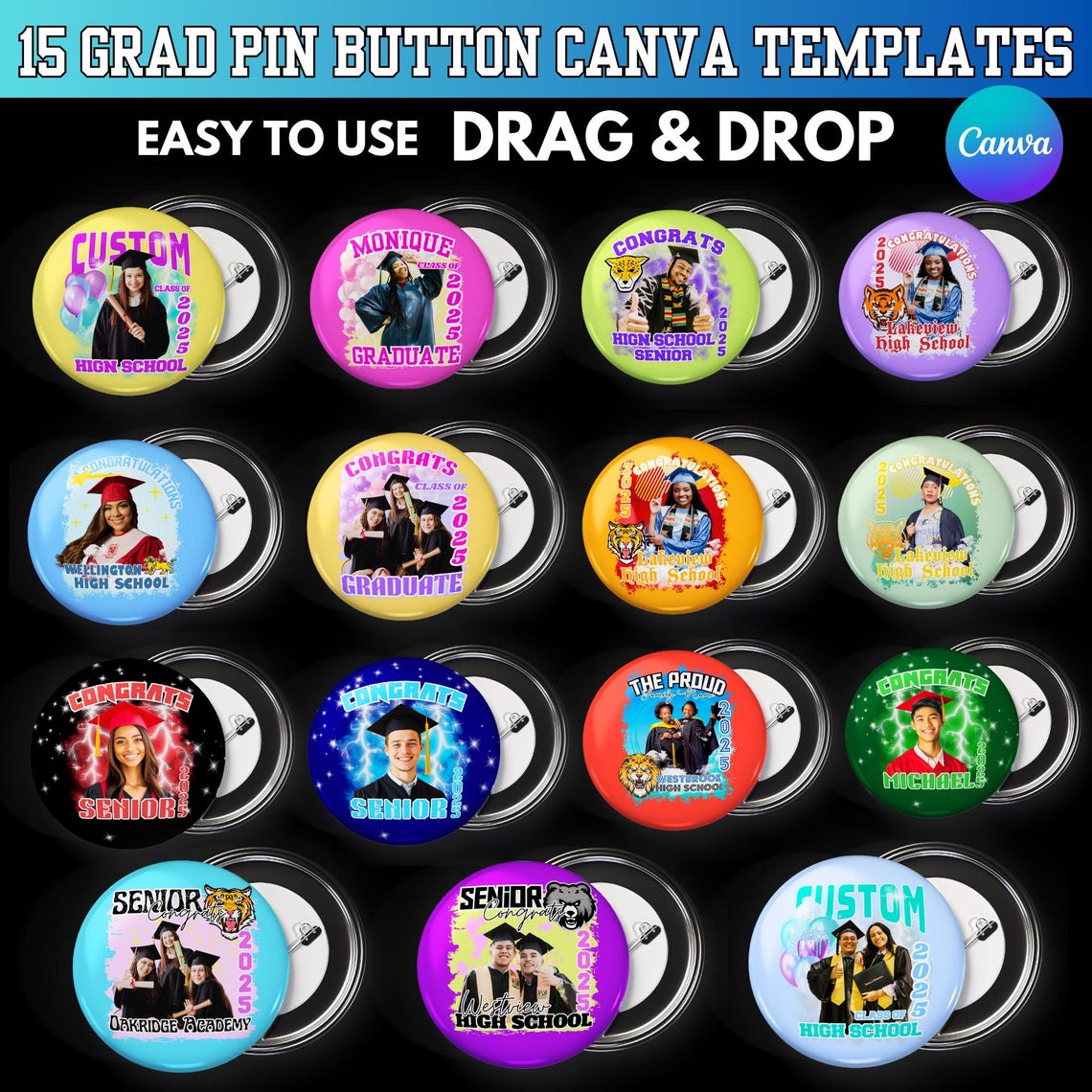 Graduation Pin Button Template: Canva Editable Graduation Party Prom ...