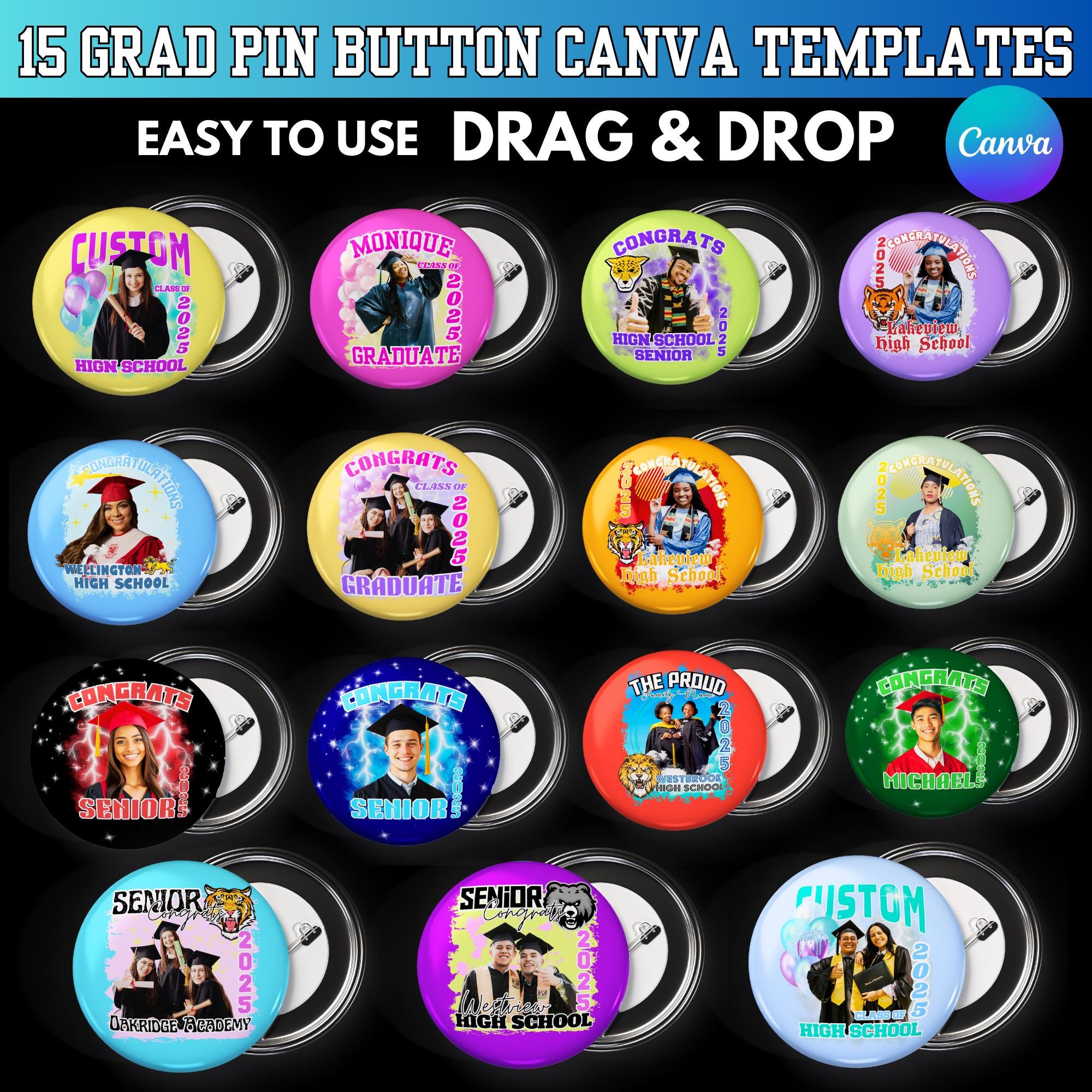 Graduation Pin Button Template: Canva Editable Graduation Party Prom ...