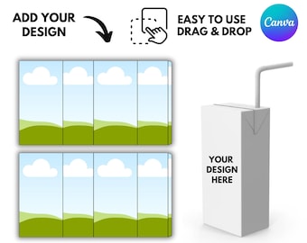 Könnte beinhalten: Eine weiße Saftbox-Vorlage mit Strohhalm, neben zwei flachen Vorlagen mit Himmel- und Grasdesign. Text enthält "6 OZ JUICE BOX TEMPLATE", "ADD YOUR DESIGN", "EASY TO USE DRAG & DROP" und "8.5X11" SHEET WITH TEMPLATES". Das Canva-Logo ist ebenfalls sichtbar.