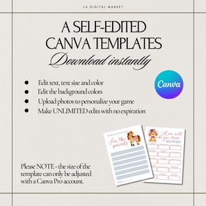 May include: Two printable Canva templates featuring a red, white, and blue patriotic theme with illustrations of a dog and a horse. The text on the templates reads "Words of Wisdom for the Parents" and "How well do you know Mommy".