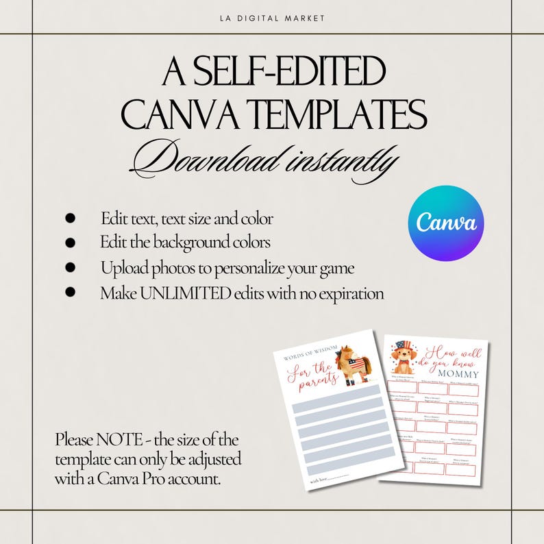 May include: Two printable Canva templates featuring a red, white, and blue patriotic theme with illustrations of a dog and a horse. The text on the templates reads "Words of Wisdom for the Parents" and "How well do you know Mommy".