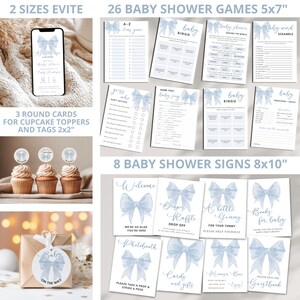 May include: A set of blue and white baby shower party decorations with a watercolor bow theme. The set includes 26 printable games, 8 signs, 3 cupcake toppers, and a printable invitation. The games are 5x7 inches and the signs are 8x10 inches.