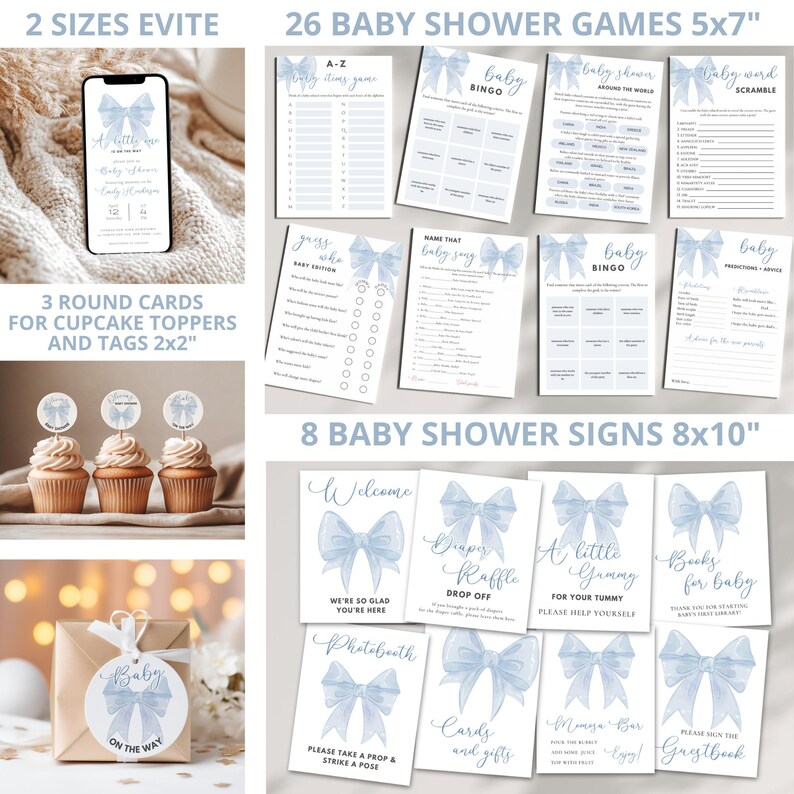 May include: A set of blue and white baby shower party decorations with a watercolor bow theme. The set includes 26 printable games, 8 signs, 3 cupcake toppers, and a printable invitation. The games are 5x7 inches and the signs are 8x10 inches.