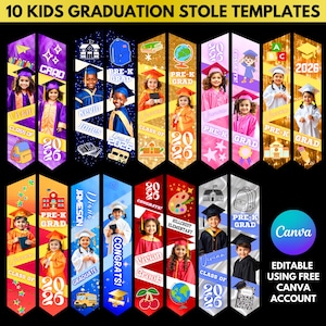 Può includere: Una collezione di dieci modelli di stole di laurea colorati per bambini. Ogni modello presenta una foto di un bambino in abito da laurea, con testo come "Pre-K Grad", "Classe del 2026" e nomi. Il logo Canva è visibile.