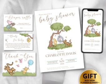 Pacchetto di inviti per baby shower a tema Winnie the Pooh: invito Winnie modificabile e stampabile (download digitale)
