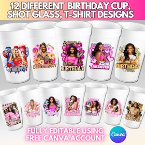 Birthday Party Design Templates: Styrofoam Cups, Shot Glass, T-Shirt, Party Favor Canva Multipurpose Designs