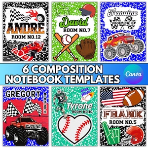 May include: Six composition notebook templates with sports and racing themes. Each notebook features a name, room number, and sports-related graphics like race cars, baseballs, and footballs. The text "6 COMPOSITION NOTEBOOK TEMPLATES" is also visible.