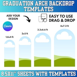 May include: A graphic promoting graduation arch backdrop templates. The image shows four arch-shaped designs with cloud and landscape graphics, labeled with dimensions in feet. Text includes "Add Your Design," "Easy to Use Drag & Drop," and "8.5x11" Sheets with Templates."
