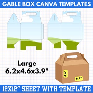 May include: Image of gable box Canva templates. The image shows the template design and a finished brown box. The box dimensions are 6.2 x 4.6 x 3.9 inches. The text on the image says "Large" and "12X12" SHEET WITH TEMPLATE".