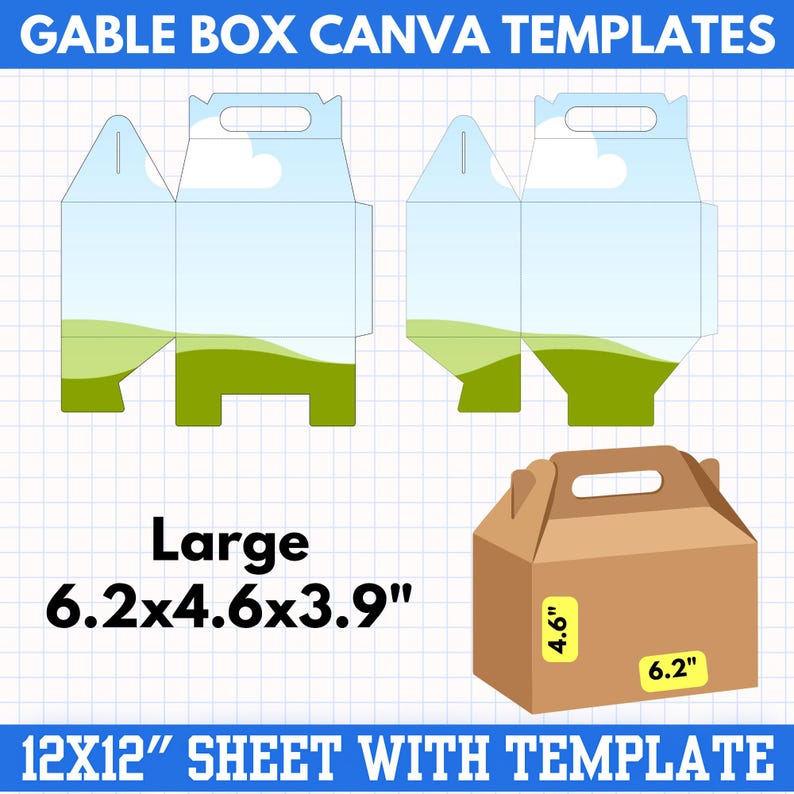 May include: Image of gable box Canva templates. The image shows the template design and a finished brown box. The box dimensions are 6.2 x 4.6 x 3.9 inches. The text on the image says "Large" and "12X12" SHEET WITH TEMPLATE".