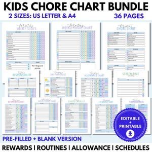 Peut inclure: Un ensemble de tableaux de corvées pour enfants imprimables, aux formats US Letter et A4. Les tableaux comprennent des tableaux de corvées hebdomadaires, des tableaux de responsabilité, des listes de contrôle quotidiennes et des tableaux d'allocation. Pré-remplis et vierges.