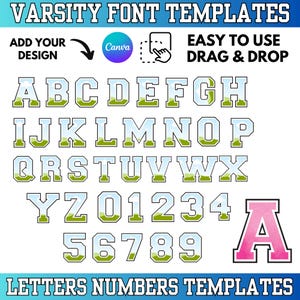 Pode incluir: Um modelo de fonte universitária com o alfabeto e números, com um design de céu e grama dentro de cada letra. O design inclui o texto "Add Your Design" e "Easy to Use Drag & Drop". As letras são delineadas em branco.