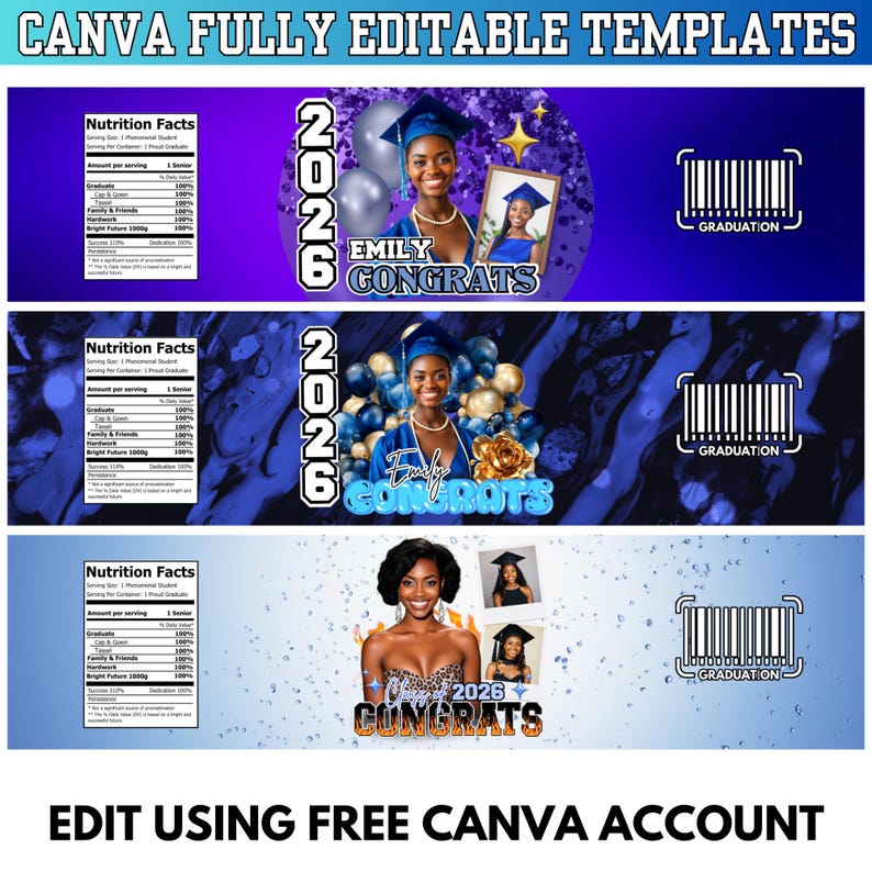 Blue Graduation Water Bottle Label Canva Template, Grad 2026 Editable ...