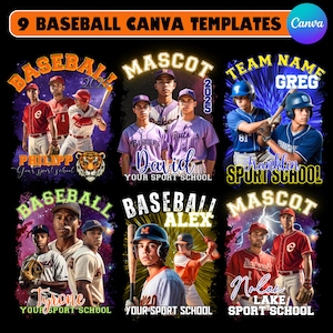 May include: Nine baseball Canva templates with team names and player images. Each design features a team name, player names, and the text "Your sport school". The designs are in various colors, including red, blue, and orange.