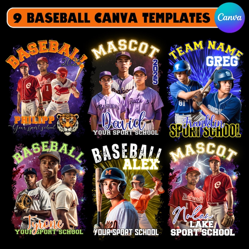 May include: Nine baseball Canva templates with team names and player images. Each design features a team name, player names, and the text "Your sport school". The designs are in various colors, including red, blue, and orange.