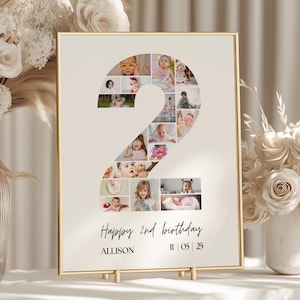 Editable 2nd Birthday Photo Collage: Number 2 Photo Sign Canva Template