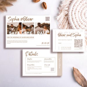 Conjunto de convites de casamento minimalista com foto, convite de casamento com código QR RSVP, cartão RSVP, cartão de detalhes, casamento moderno Canva