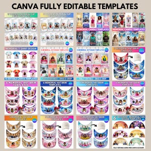 Puede incluir: Una colecci&oacute;n de plantillas de Canva totalmente editables para productos conmemorativos, incluyendo tazas, velas, llaveros, camisetas y bordes de sombreros. Los dise&ntilde;os presentan fotos y texto, con opciones de personalizaci&oacute;n. El texto "CANVA FULLY EDITABLE TEMPLATES" est&aacute; en la parte superior.