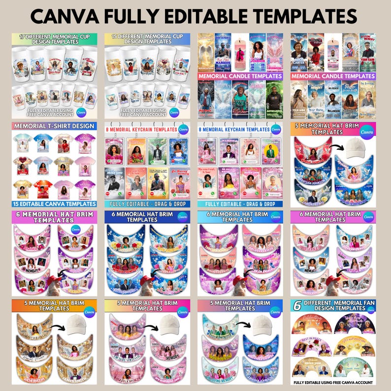 Puede incluir: Una colecci&oacute;n de plantillas de Canva totalmente editables para productos conmemorativos, incluyendo tazas, velas, llaveros, camisetas y bordes de sombreros. Los dise&ntilde;os presentan fotos y texto, con opciones de personalizaci&oacute;n. El texto "CANVA FULLY EDITABLE TEMPLATES" est&aacute; en la parte superior.