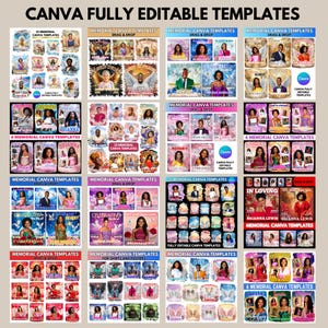 Puede incluir: Una colecci&oacute;n de plantillas de Canva para dise&ntilde;os conmemorativos. Las plantillas presentan varios dise&ntilde;os con fotos, texto y elementos decorativos. El texto incluye frases como "Plantillas Canva conmemorativas" y nombres. La combinaci&oacute;n de colores es variada.
